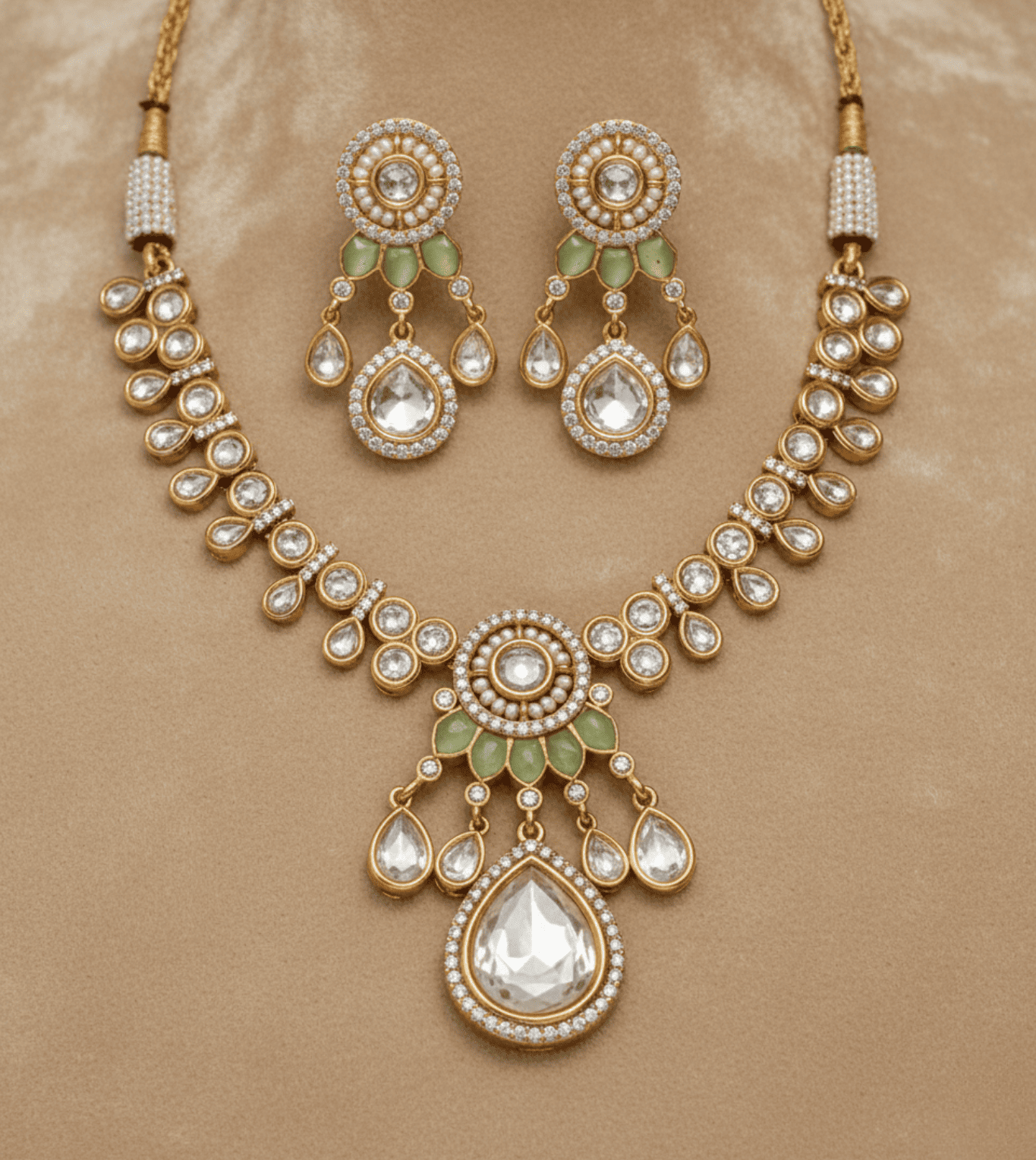 Mint Green Beaded Pearl Necklace Set - 24k Gold Plated Bridel set | The Jewellery Vault