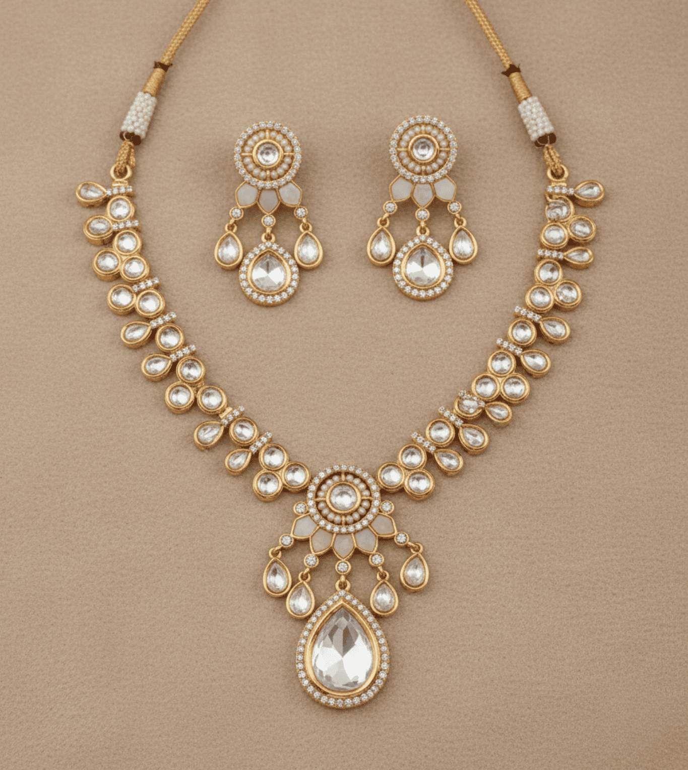 Golden Peach Beaded Pearl Necklace Set
