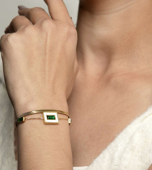 Green Baguette Tennis Bracelet - 24k Gold Plated Bracelet | The Jewellery Vault