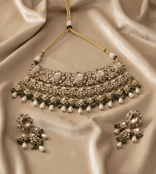Brass Kundan Green Beads Bridal Jewellery Set