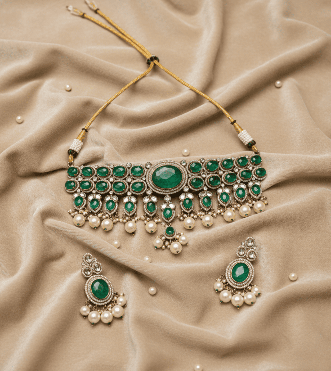 Green Artificial Stones & Beads-Studded Jewellery Set