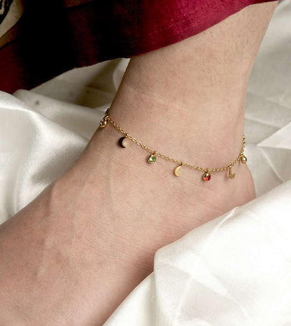 Delicate Anklet with Red-Green Stones - 24k Gold Plated Anklets | The Jewellery Vault