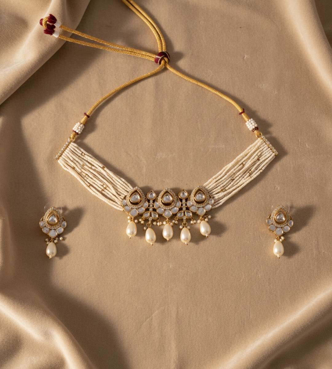 White Stones Pearl Beads Multi-Standerd Temple Jewellery Set