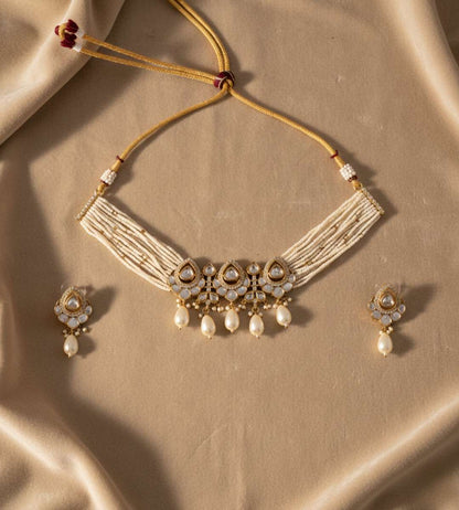 White Stones Pearl Beads Multi-Standerd Temple Jewellery Set