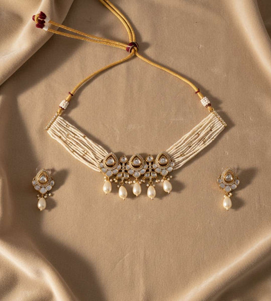 White Stones Pearl Beads Multi-Standerd Temple Jewellery Set