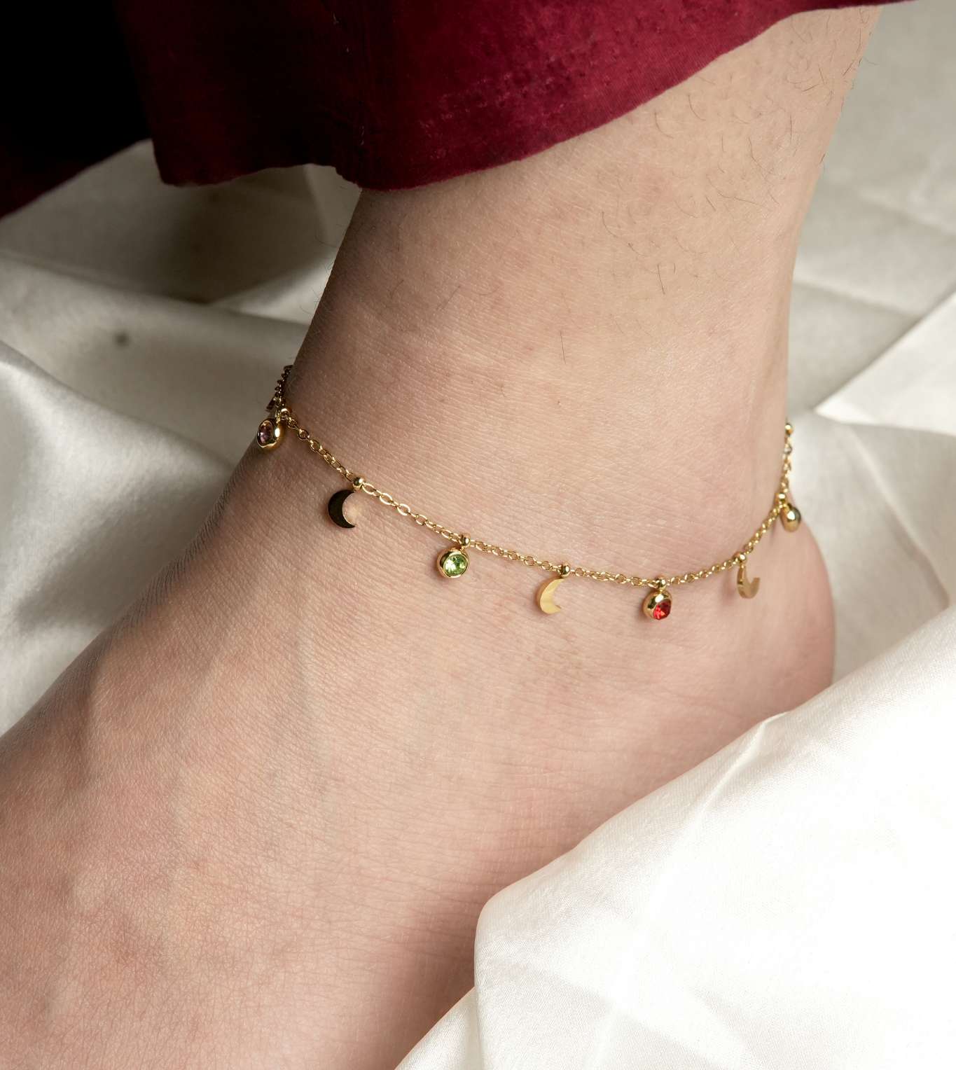 Delicate Anklet with Red-Green Stones - 24k Gold Plated Anklets | The Jewellery Vault
