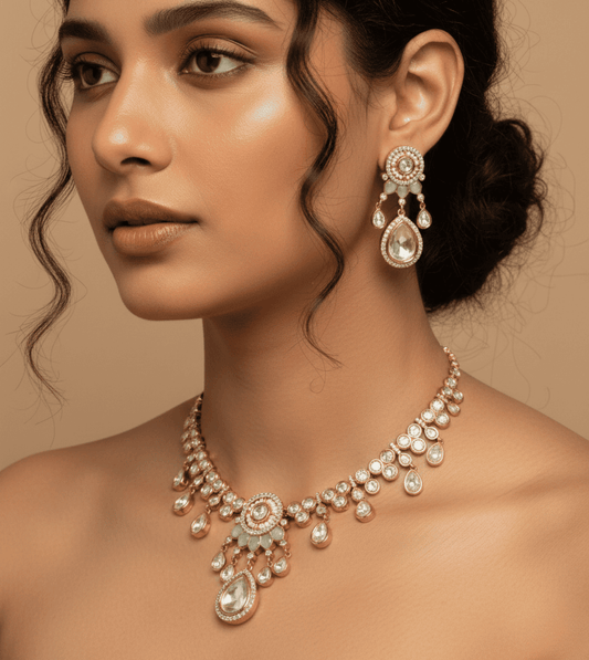 Mint Green Beaded Pearl Necklace Set