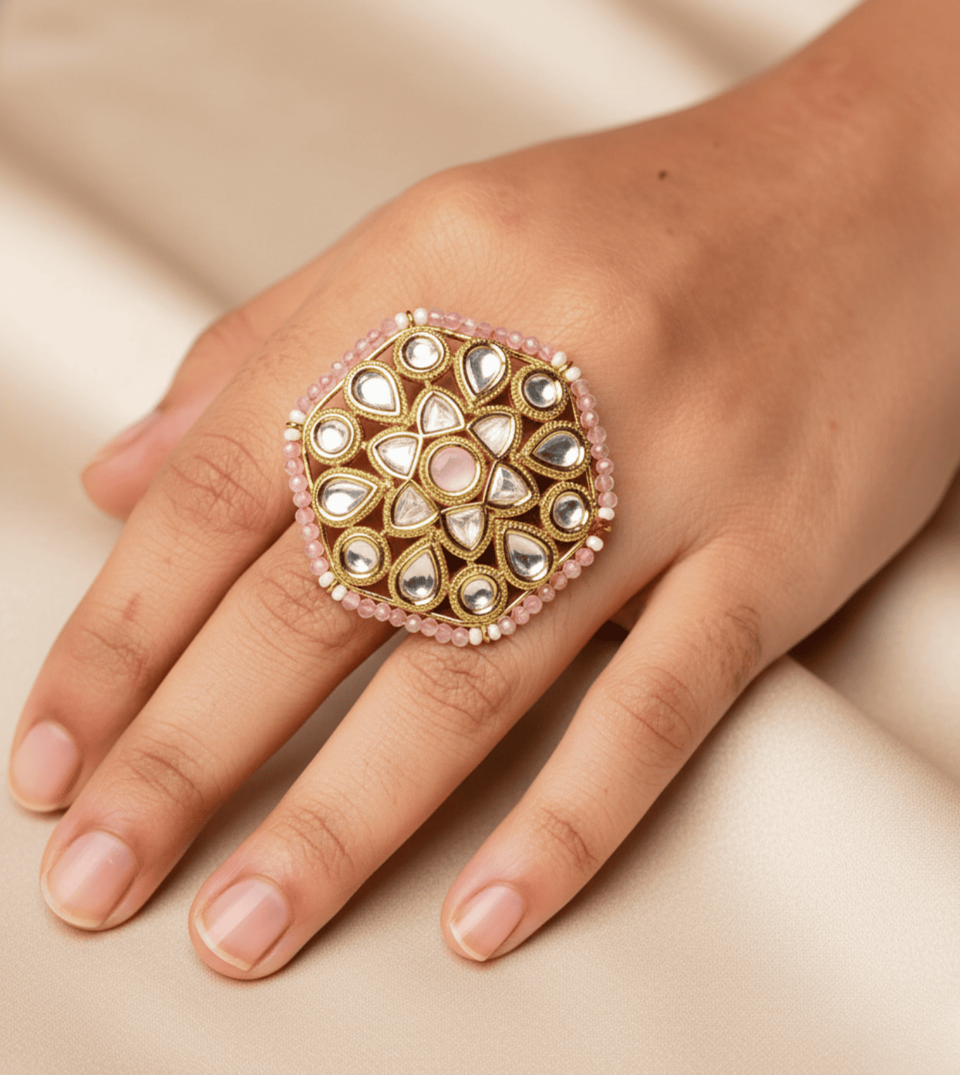 Pink Hexagon Pearls Ring