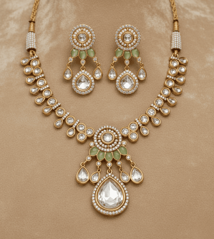 Mint Green Beaded Pearl Necklace Set - 24k Gold Plated Bridel set | The Jewellery Vault