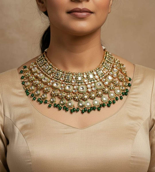 Brass Kundan Green Beads Bridal Jewellery Set