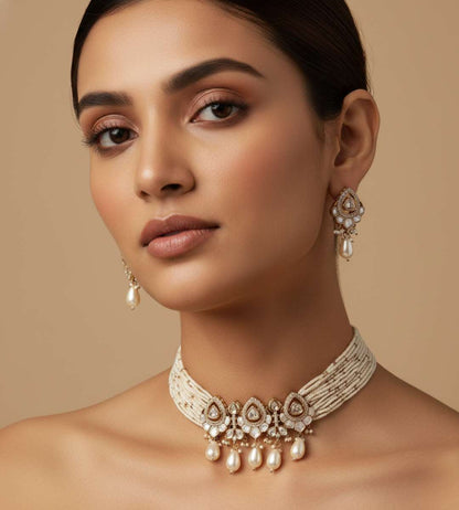 White Stones Pearl Beads Multi-Standerd Temple Jewellery Set