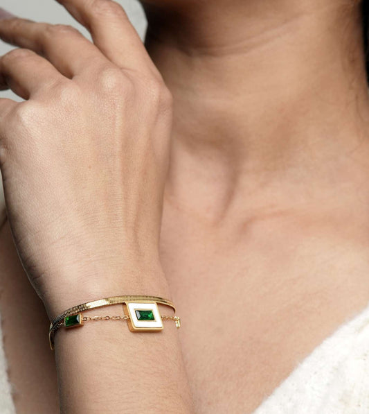 Green Baguette Tennis Bracelet - 24k Gold Plated Bracelet | The Jewellery Vault