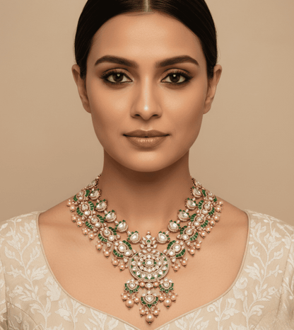 Kundan Pearl Green Stone Necklace Set
