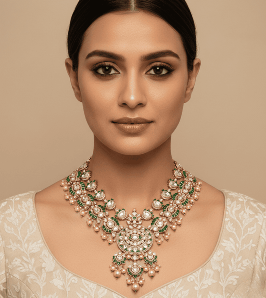 Kundan Pearl Green Stone Necklace Set