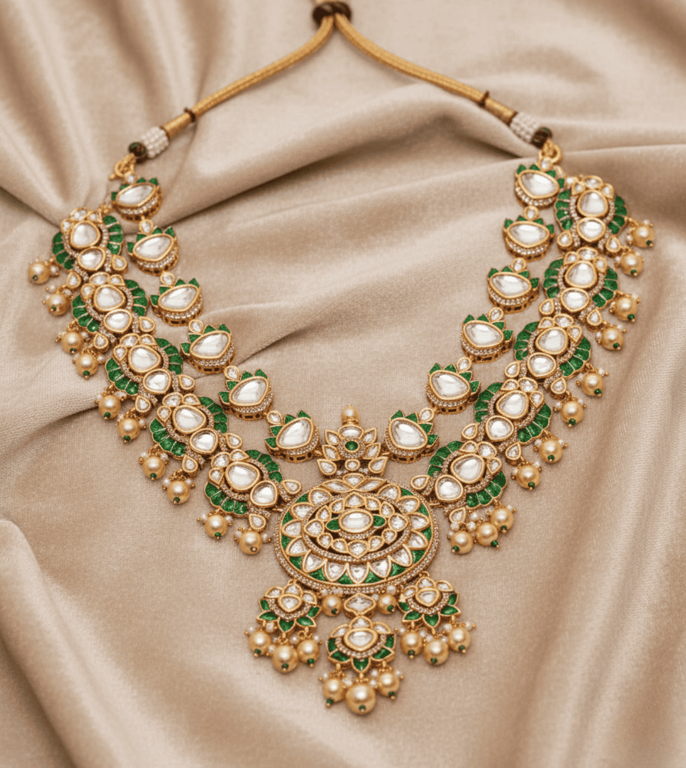 Kundan Pearl Green Stone Necklace Set