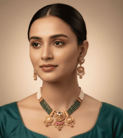 Palace Breeze Green Set - 24k Gold Plated Bridel set | The Jewellery Vault