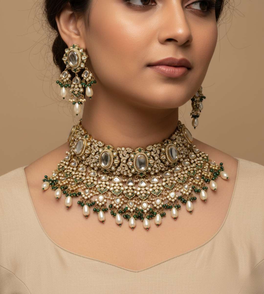 Diamond Zirconia Pearl Choker Necklace Set