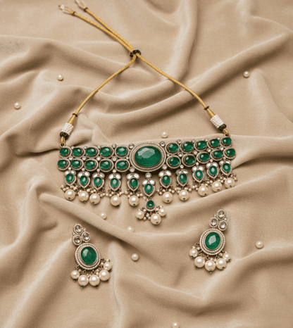 Green Artificial Stones & Beads-Studded Jewellery Set