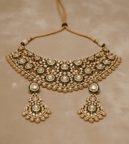 Festive Peach Glow Kundan Necklace Set - 24k Gold Plated Bridel set | The Jewellery Vault