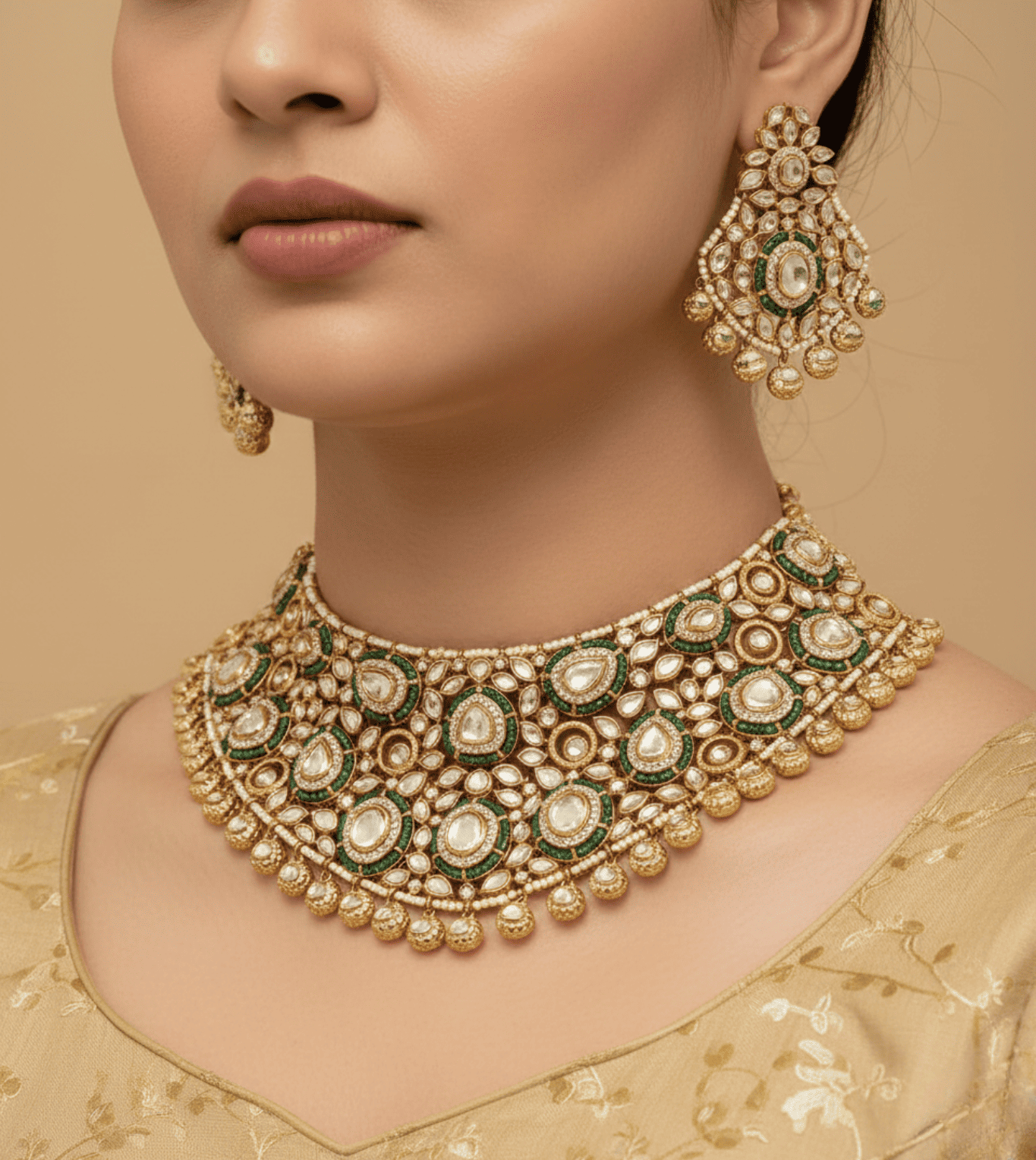 Festive Peach Glow Kundan Necklace Set - 24k Gold Plated Bridel set | The Jewellery Vault