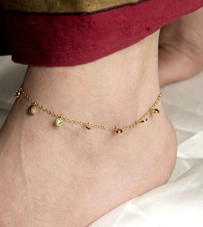 Delicate Anklet with Red-Green Stones - 24k Gold Plated Anklets | The Jewellery Vault