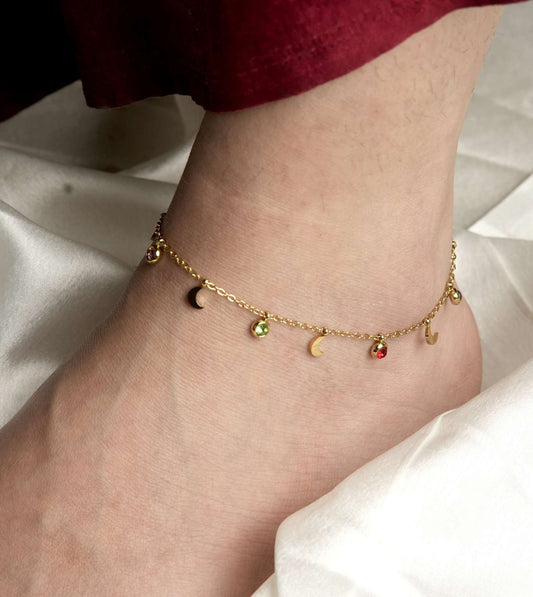 Delicate Anklet with Red-Green Stones - 24k Gold Plated Anklets | The Jewellery Vault