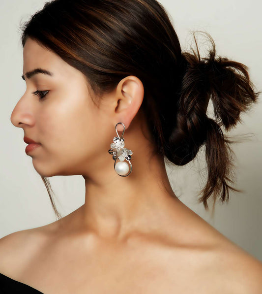 Leaf Motif Peal Drop Silver Stud Earrings - 24k Gold Plated Charms & Pendants | The Jewellery Vault