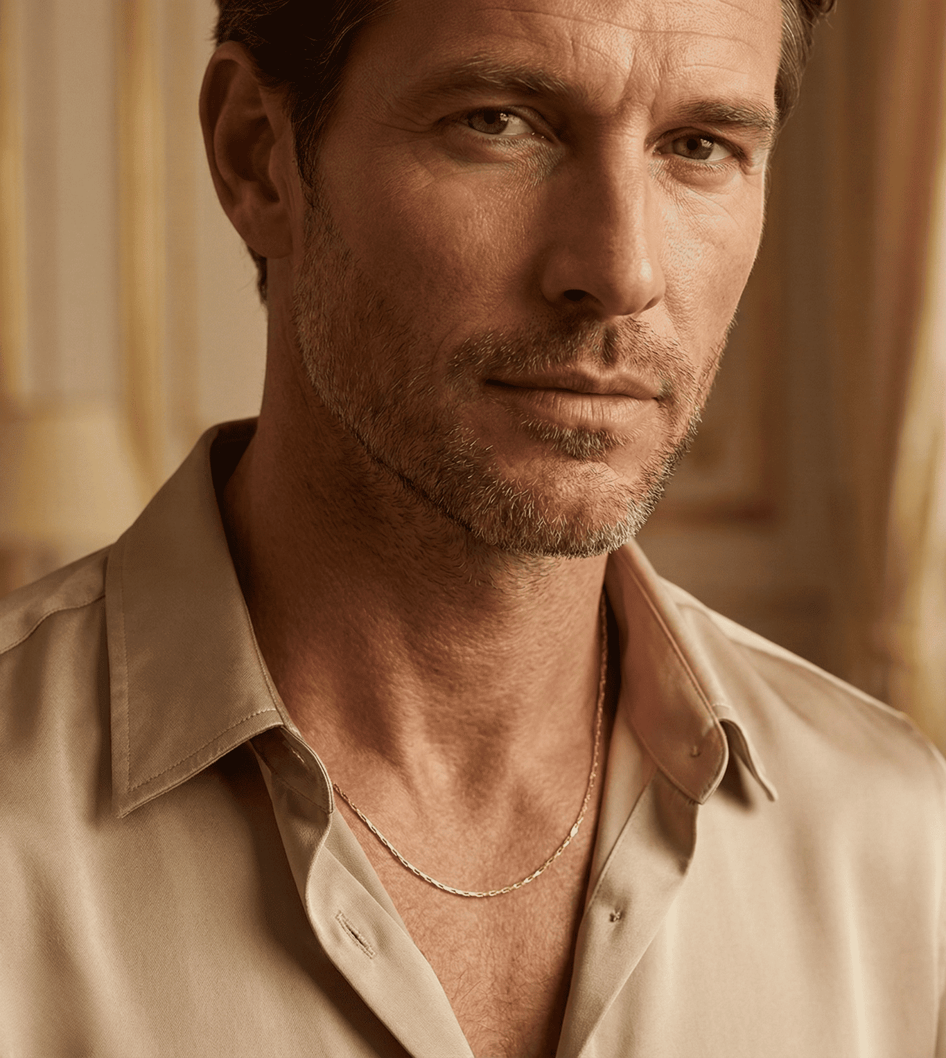 Man wearing a beige shirt with a blurred background