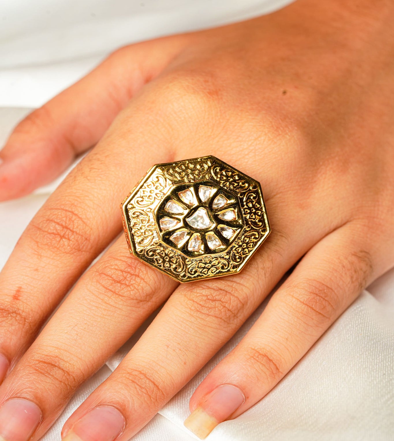 Sculpted Hexagon Kundan Glow Ring - 24k Gold Plated Women Ring | The Jewellery Vault
