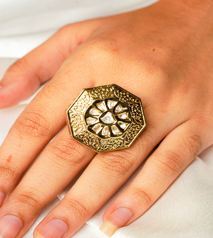 Sculpted Hexagon Kundan Glow Ring - 24k Gold Plated Women Ring | The Jewellery Vault