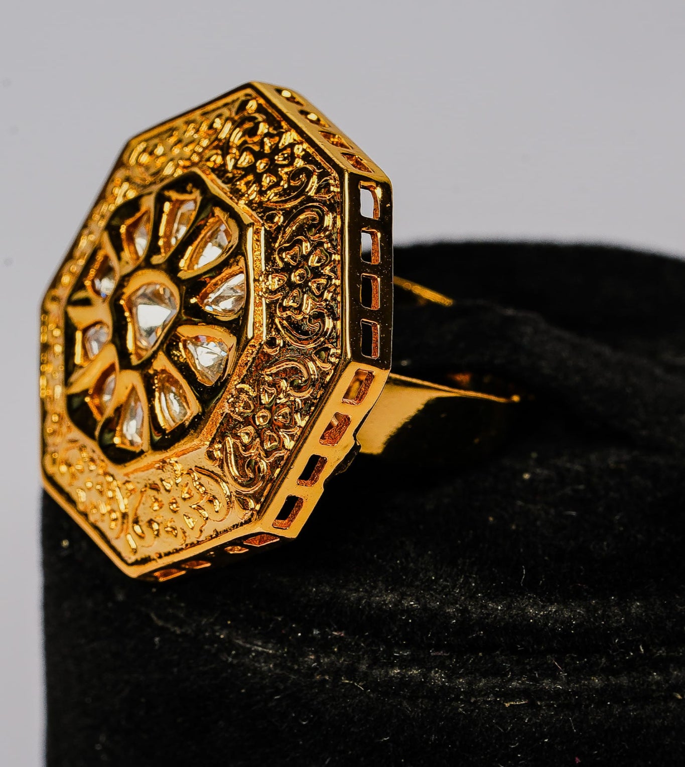 Sculpted Hexagon Kundan Glow Ring - 24k Gold Plated Women Ring | The Jewellery Vault