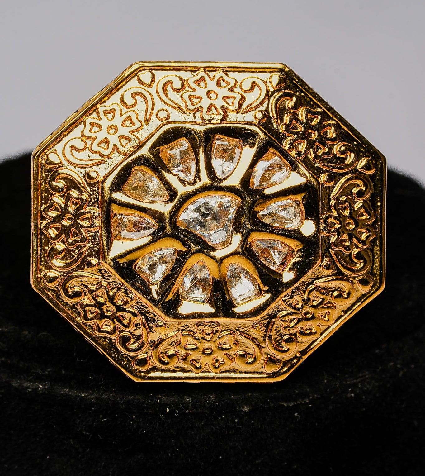 Sculpted Hexagon Kundan Glow Ring - 24k Gold Plated Women Ring | The Jewellery Vault
