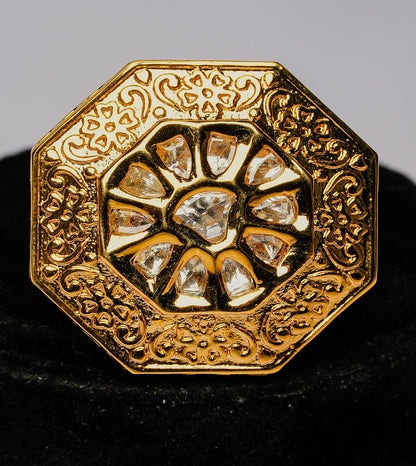 Sculpted Hexagon Kundan Glow Ring - 24k Gold Plated Women Ring | The Jewellery Vault