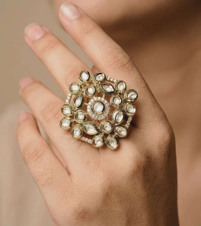 Gold Toned Zircon Stone Floral Ring